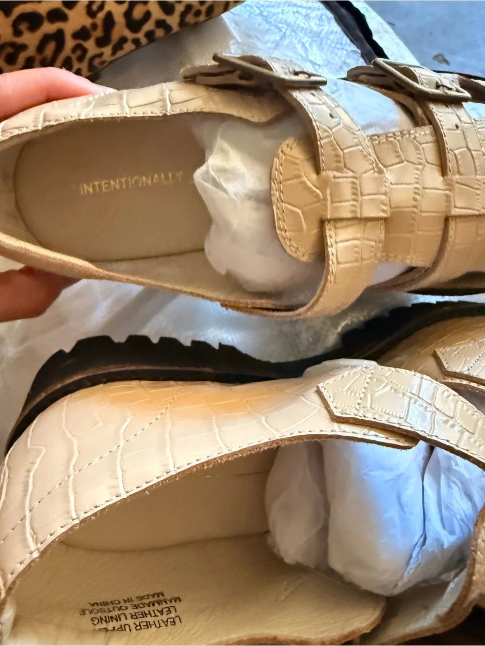 INTENTIONALLY BLANK Croc-Embossed Fisherman Sandals in Tan